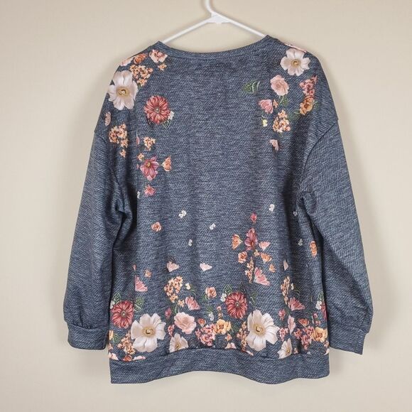 Emery Rose Dark Gray Floral Print Drop Shoulder Sweatshirt Size 1Xl - Picture 6 of 6